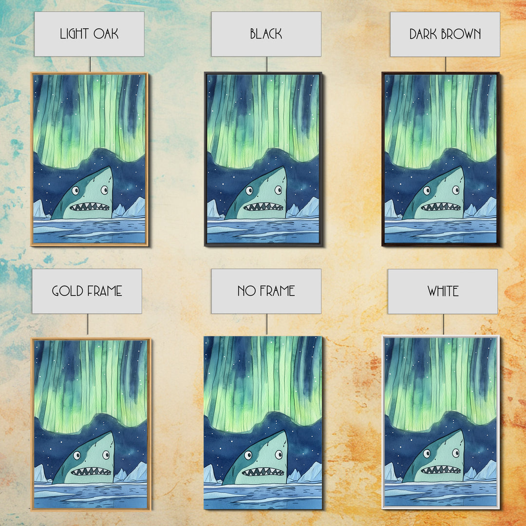 Whimsical Shark Under Northern Lights Wall Art, Arctic Ocean Print, Kids Room Decor, Nautical Nursery Art, Fun Coastal Decor