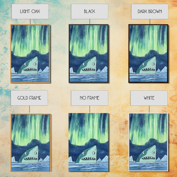 Whimsical Shark Under Northern Lights Wall Art, Arctic Ocean Print, Kids Room Decor, Nautical Nursery Art, Fun Coastal Decor