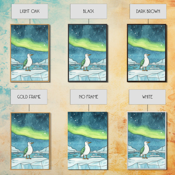 Seagull On Ice Under Aurora Wall Art, Arctic Coastal Bird Print, Ocean Nursery Decor, Nautical Bathroom Art, Beach House Decor