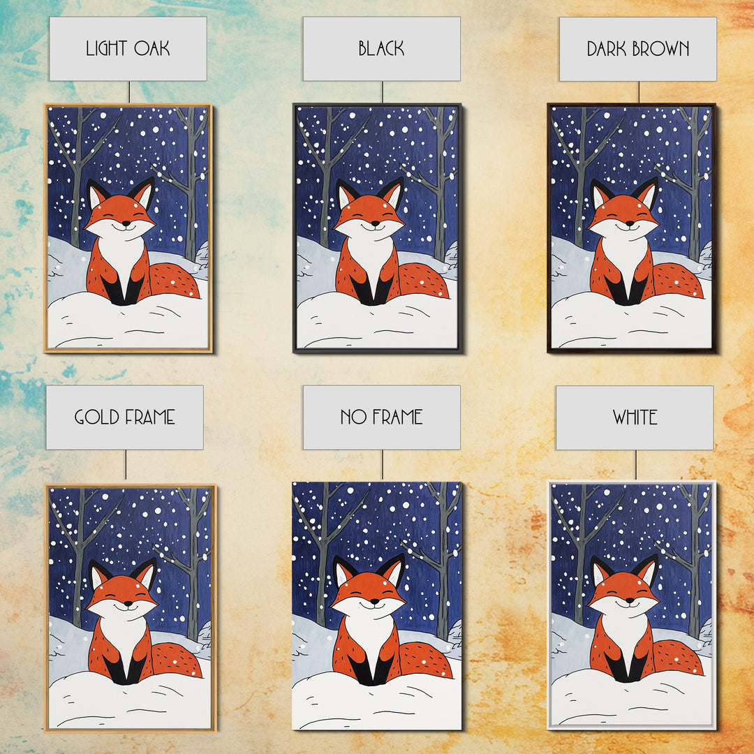 Smiling Red Fox In Falling Snow Wall Art, Cute Woodland Animal Art Print, Winter Nursery Decor, Whimsical Kids Room Decor