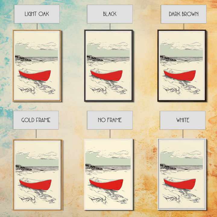 Red Rowboat On Rocky Shore Wall Art, Nautical Coastal Print, Beach House Decor, Seascape Wall Art, Lake House Gift For Him