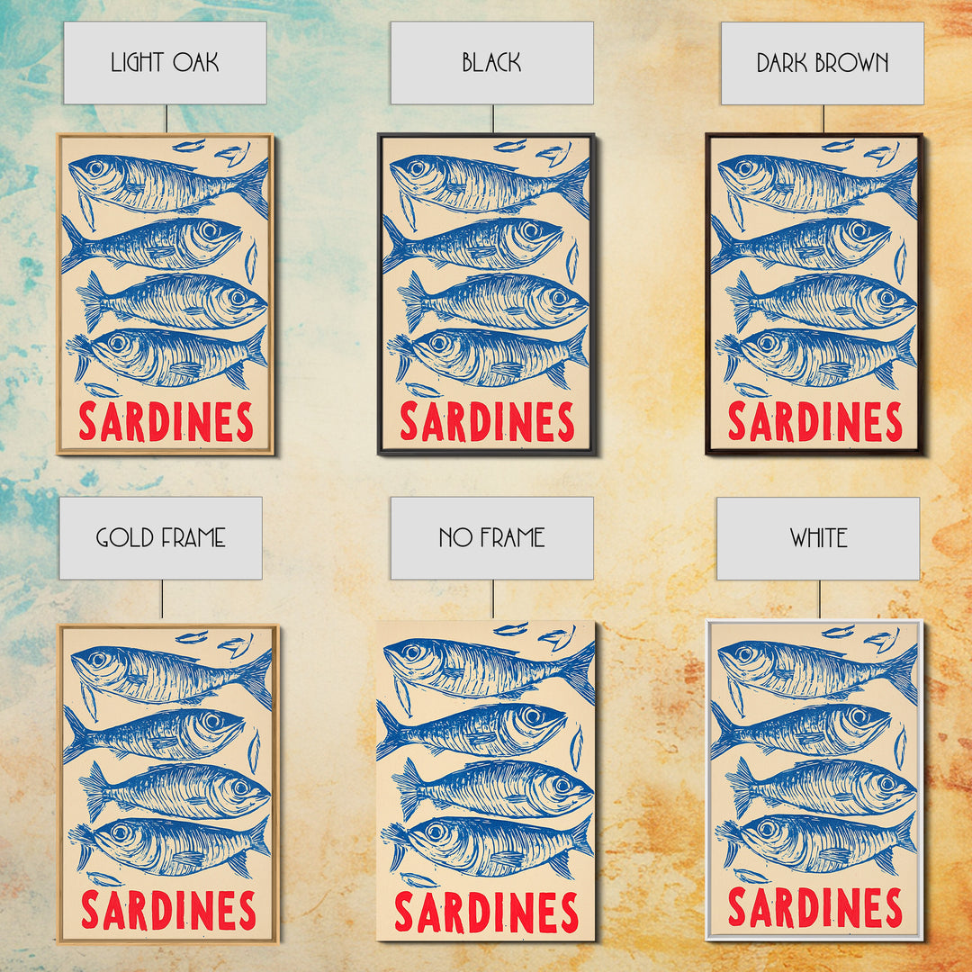 Blue Sardines Seafood Poster Canvas Print, Coastal Kitchen Wall Art, Nautical Wall Decor, Ocean Fish Art For Home Decor Gift