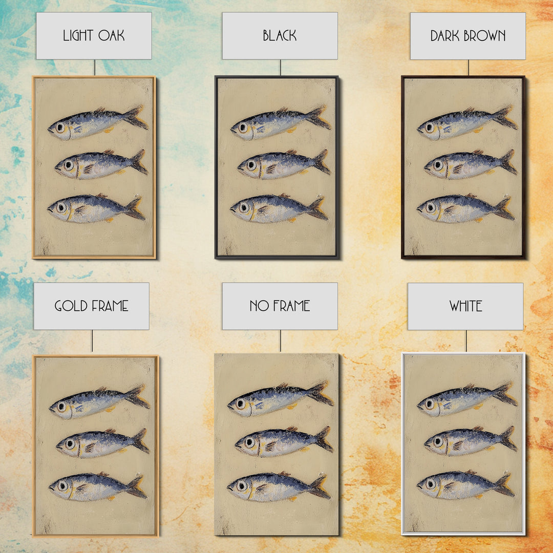 Three Silver Sardine Fish Painting Wall Art, Coastal Kitchen Decor, Nautical Sea Life Canvas, Beach House Gift Print For Home Decor