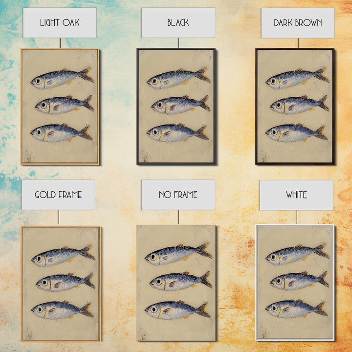 Three Silver Sardine Fish Painting Wall Art, Coastal Kitchen Decor, Nautical Sea Life Canvas, Beach House Gift Print For Home Decor