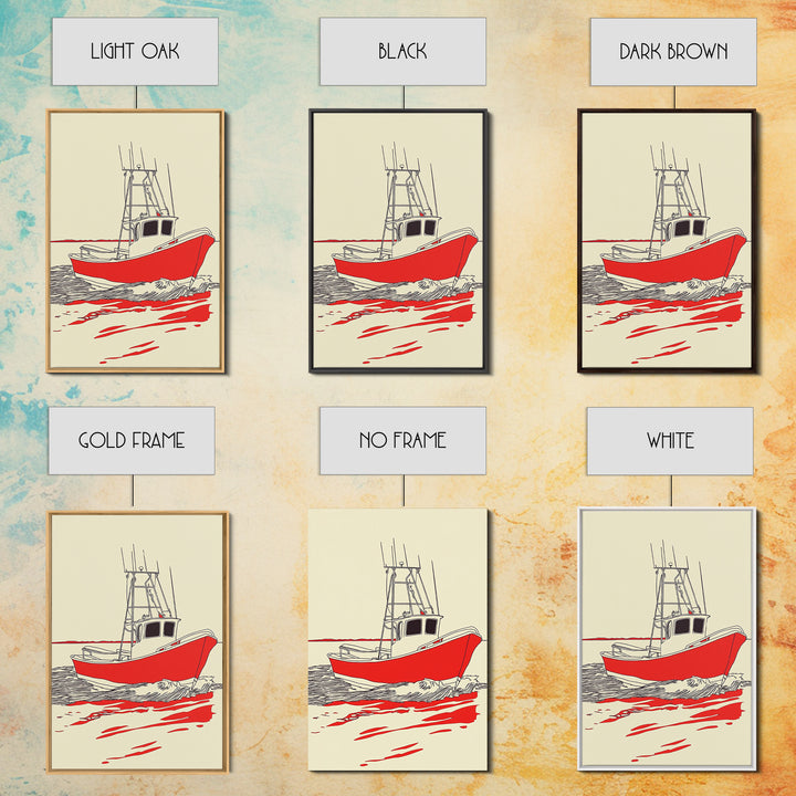 Red Fishing Boat Illustration Canvas Print, Nautical Wall Art, Coastal Beach House Decor, Maritime Gift For Him, Ocean Wall Decor