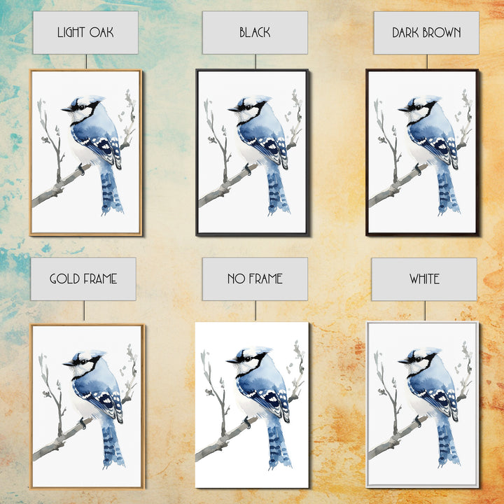 Blue Jay Perched On Branch Wall Art, Watercolor Bird Print, Woodland Nursery Decor, Nature Canvas Print, Bird Lover Gift