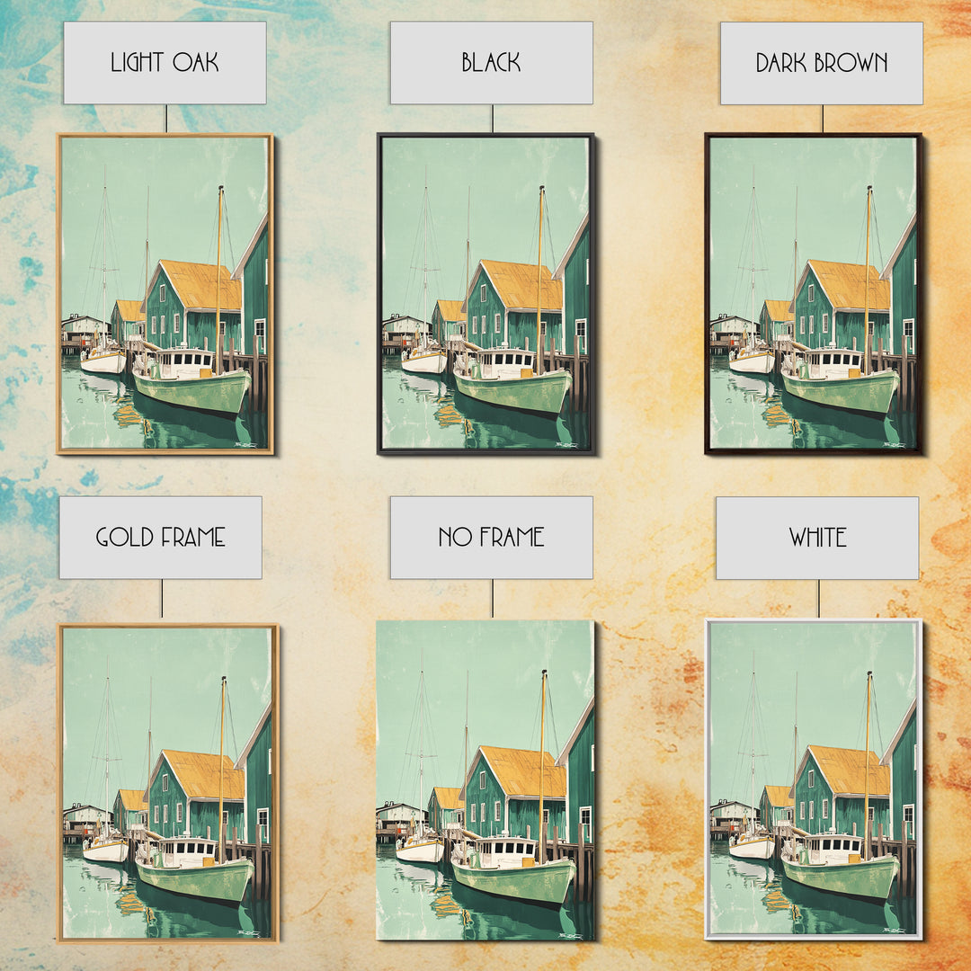 Green Fishing Boats By Dock Framed Canvas Print, Nautical Wall Art, Coastal Home Decor, Beach House Living Room Art Gift