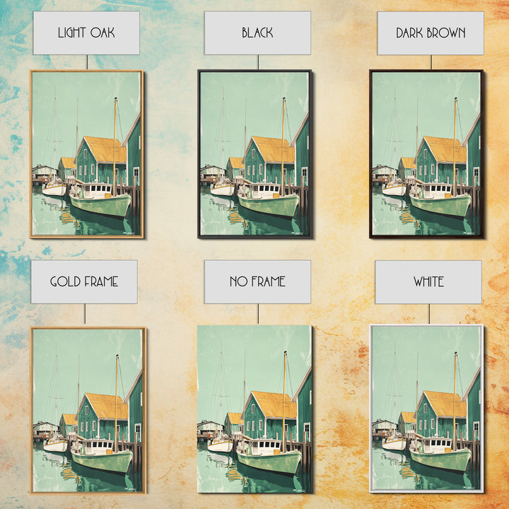 Green Fishing Boats By Dock Framed Canvas Print, Nautical Wall Art, Coastal Home Decor, Beach House Living Room Art Gift