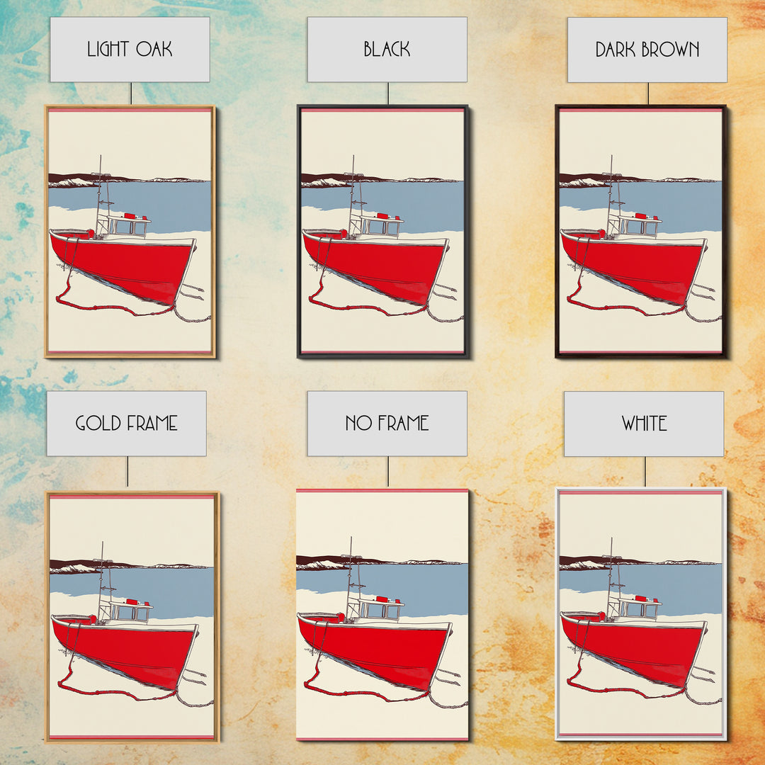 Red Lobster Boat On Blue Bay Wall Art, Nautical Coastal Canvas Print, Beach House Decor, Maritime Seascape Art Gift For Him