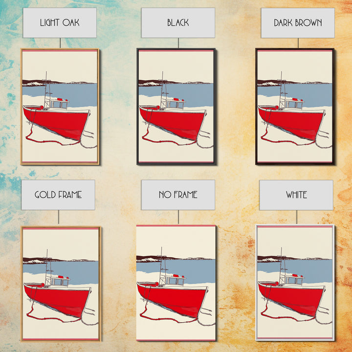 Red Lobster Boat On Blue Bay Wall Art, Nautical Coastal Canvas Print, Beach House Decor, Maritime Seascape Art Gift For Him