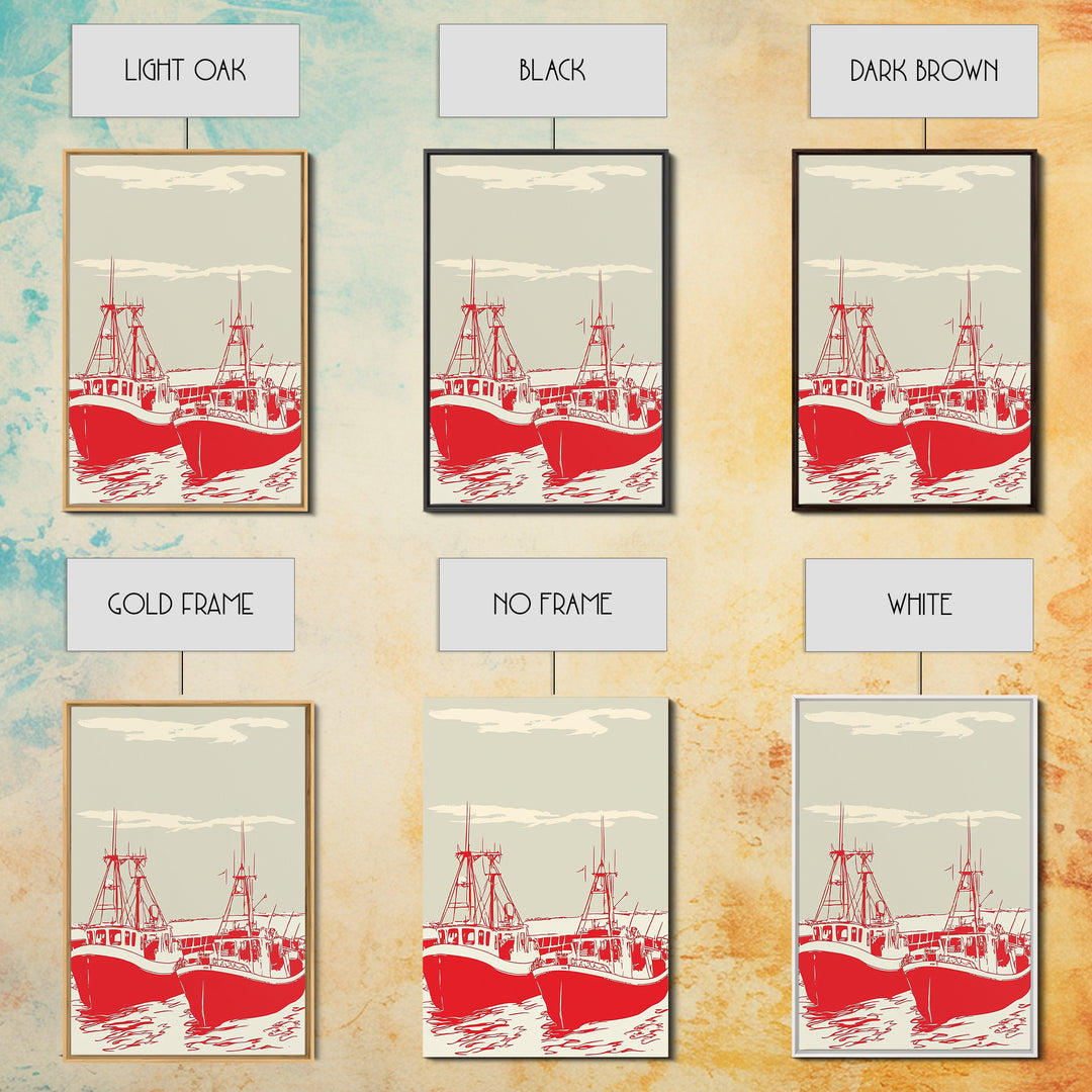Two Red Fishing Boats At Harbor Canvas Print, Nautical Wall Art, Coastal Decor, Maritime Living Room Poster Gift For Him