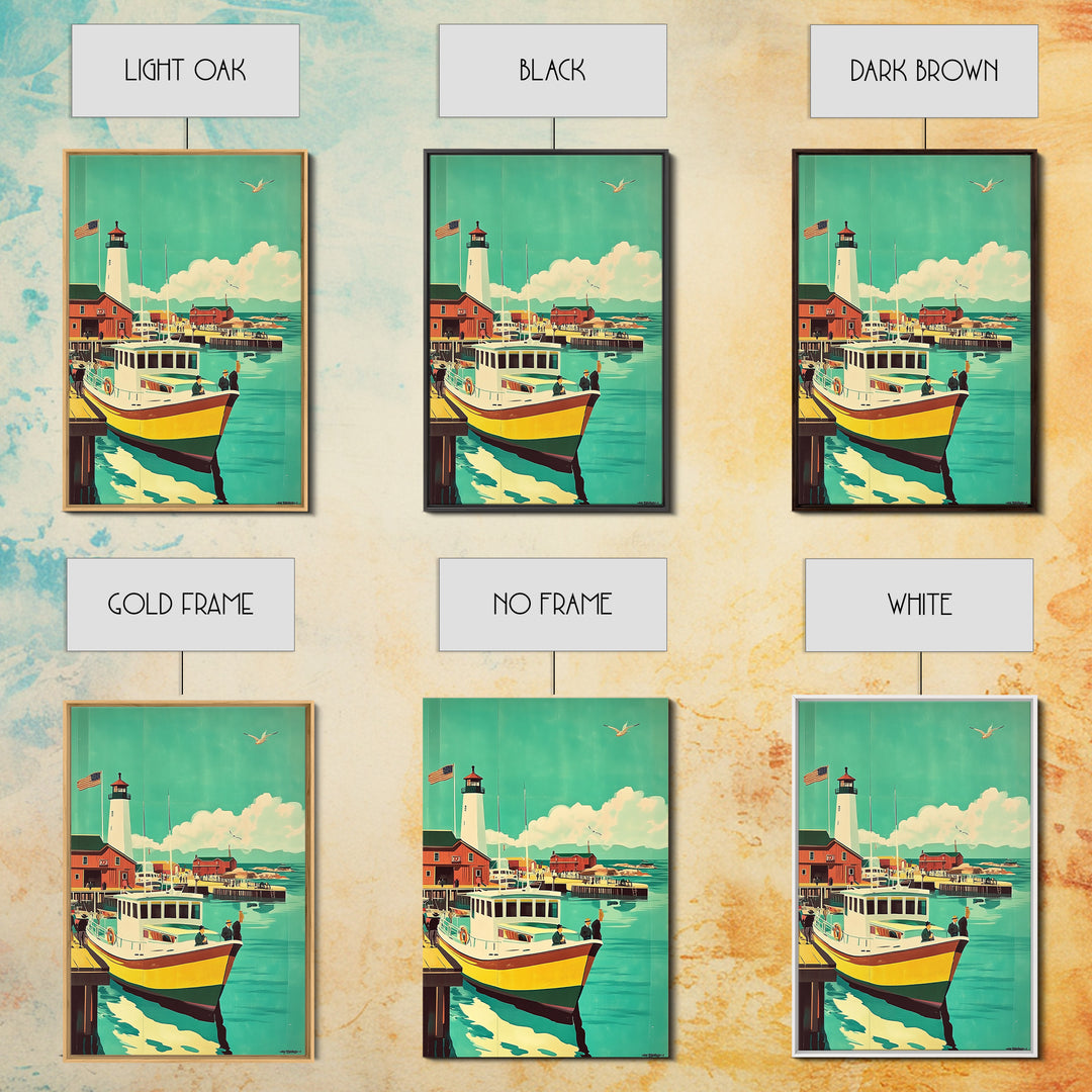 Harbor Boat With Lighthouse Framed Canvas Print, Coastal Wall Art, Nautical Travel Poster, Beach House Living Room Decor