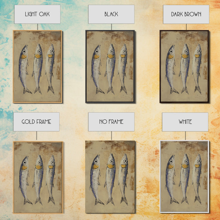 Rustic Three Sardines On Textured Beige Wall Art, Coastal Kitchen Decor, Nautical Fish Canvas Print For Beach House Dining Room