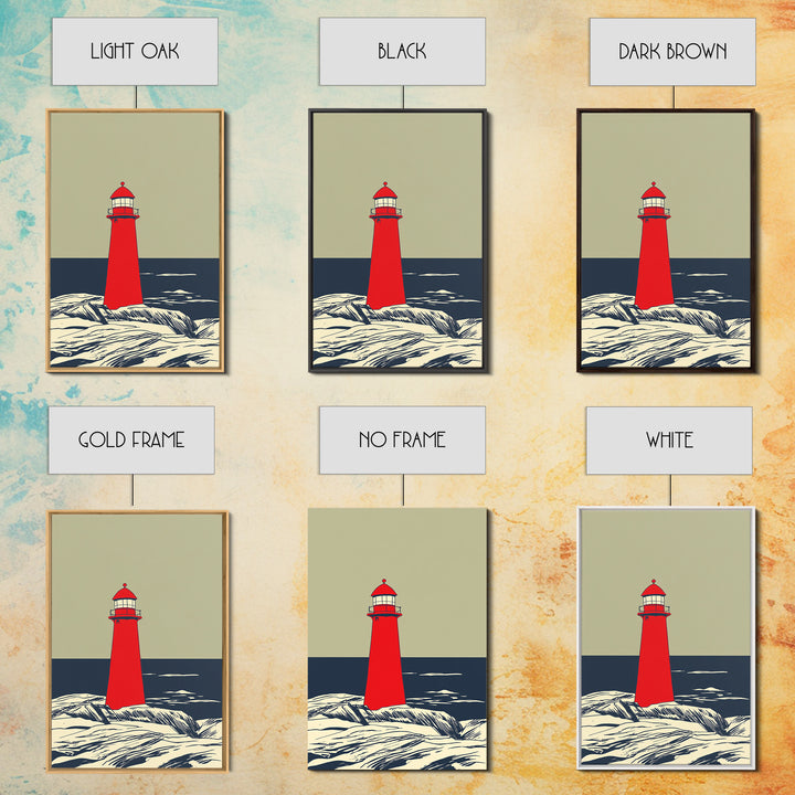 Red Lighthouse By Dark Sea Canvas Print, Nautical Wall Art, Coastal Beach House Decor, Ocean Poster For Living Room Home Decor