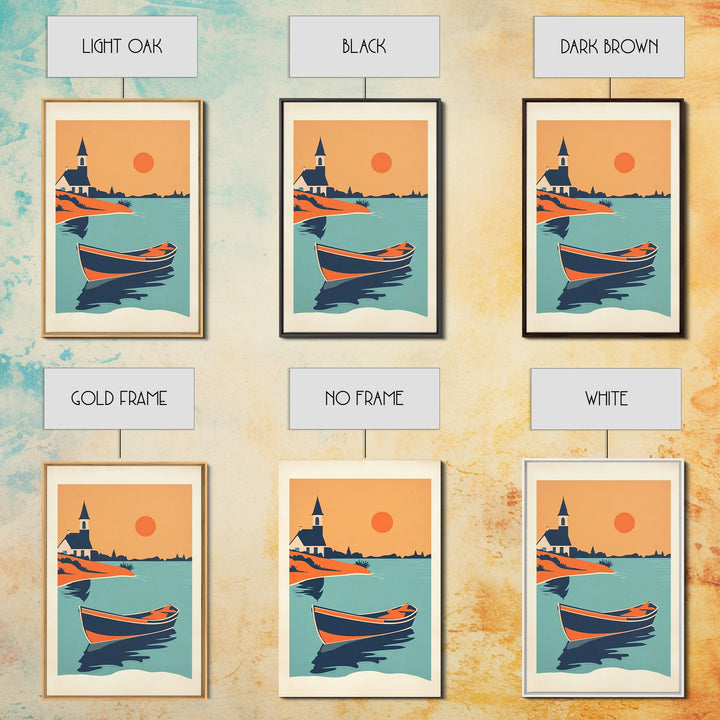 Orange Sunset Boat And Church Wall Art, Coastal Travel Poster, Lake House Decor, Nautical Canvas Print, Summer Beach Gift