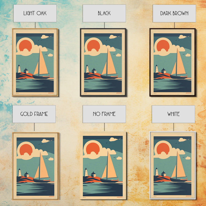 Art Deco Sailboat Lighthouse Sunset Wall Art, Coastal Travel Poster, Nautical Canvas Print, Beach House Decor Gift For Her