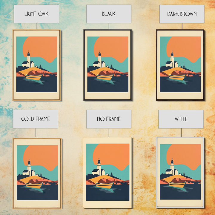 Lighthouse Cove With Rowboat Framed Canvas Print, Coastal Wall Art, Nautical Lake House Decor, Sunset Travel Poster Gift
