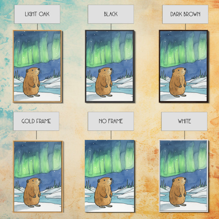 Whimsical Beaver Aurora Wall Art, Northern Lights Animal Print, Winter Nursery Decor, Woodland Animal Gift, Cozy Kids Room Decor