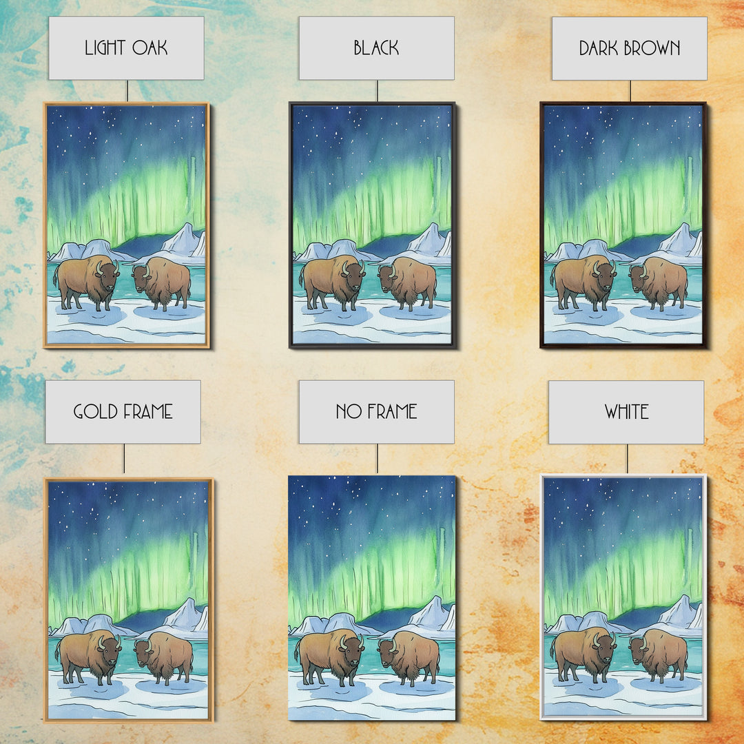 Aurora Bison In Snow Framed Canvas Print, Northern Lights Wall Art, Rustic Wildlife Art, Winter Nature Decor, Cabin Decor