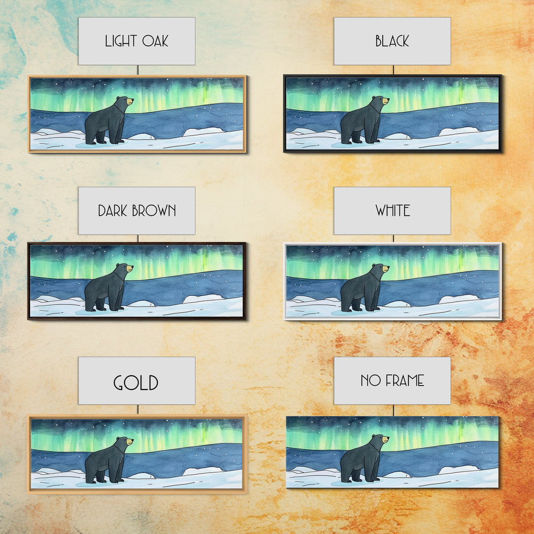Polar Bear Under Northern Lights Wall Art, Arctic Wildlife Print, Winter Nursery Decor, Blue Green Landscape Gift For Cabin Decor