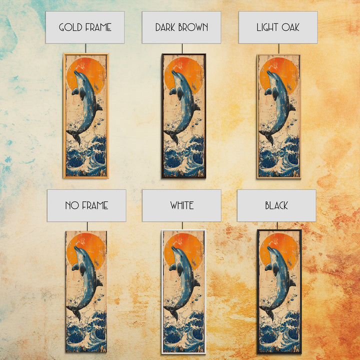 Jumping Dolphin Ocean Wall Art, Japanese Wave Canvas Print, Coastal Beach Decor, Orange Sun Nautical Art Print, Gift For Her