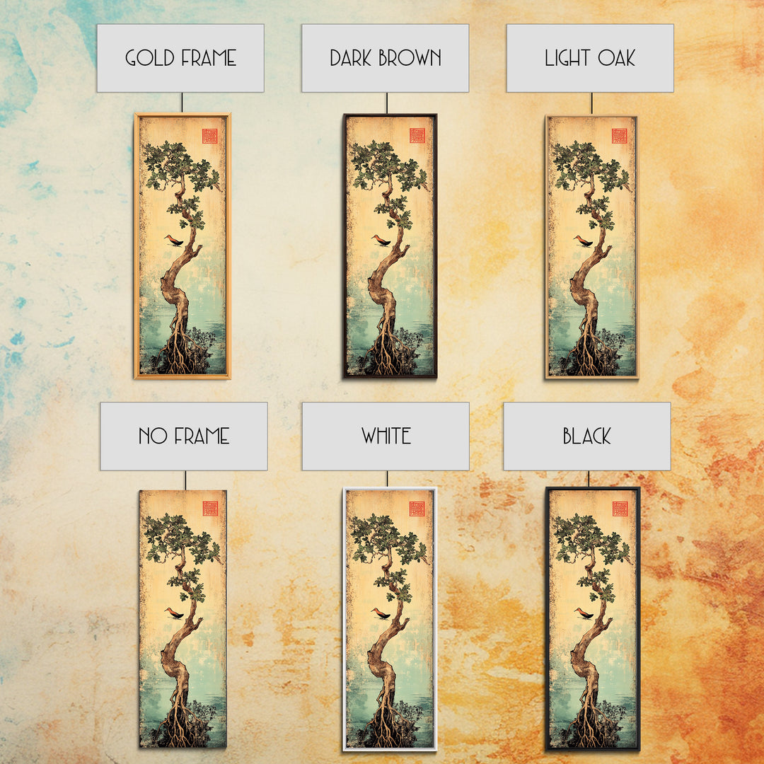 Bonsai Tree With Exposed Roots Wall Art, Japanese Botanical Canvas Print, Zen Nature Decor, Bird Wall Art, Wabi Sabi Decor