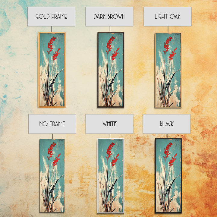 Red Coastal Grass Stems On Aqua Canvas Print, Japanese Botanical Wall Art, Minimalist Nature Decor, Modern Japandi Art Print