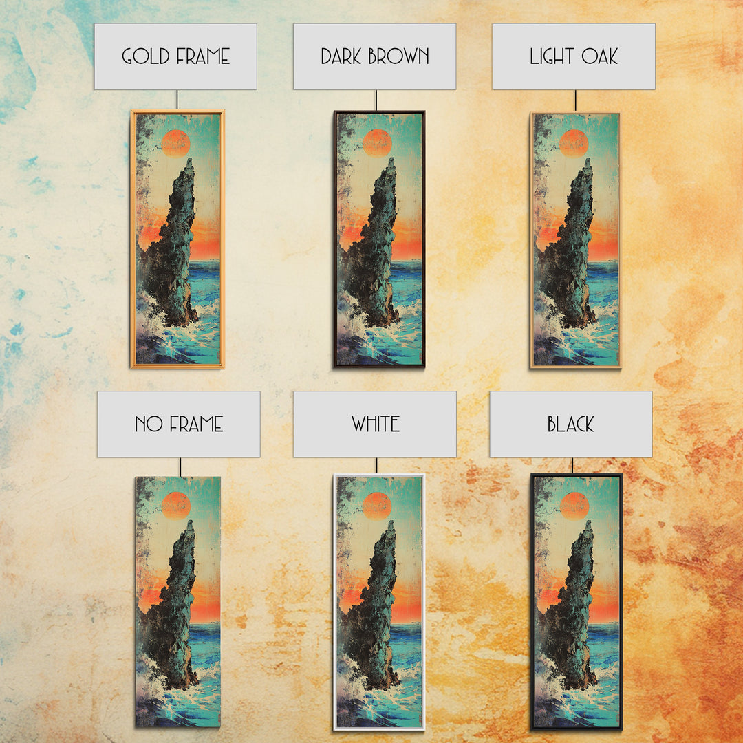 Dramatic Sea Stack At Sunset Wall Art, Japanese Coastal Landscape Print, Ocean Cliff Decor, Tall Narrow Canvas Gift, Living Room Decor