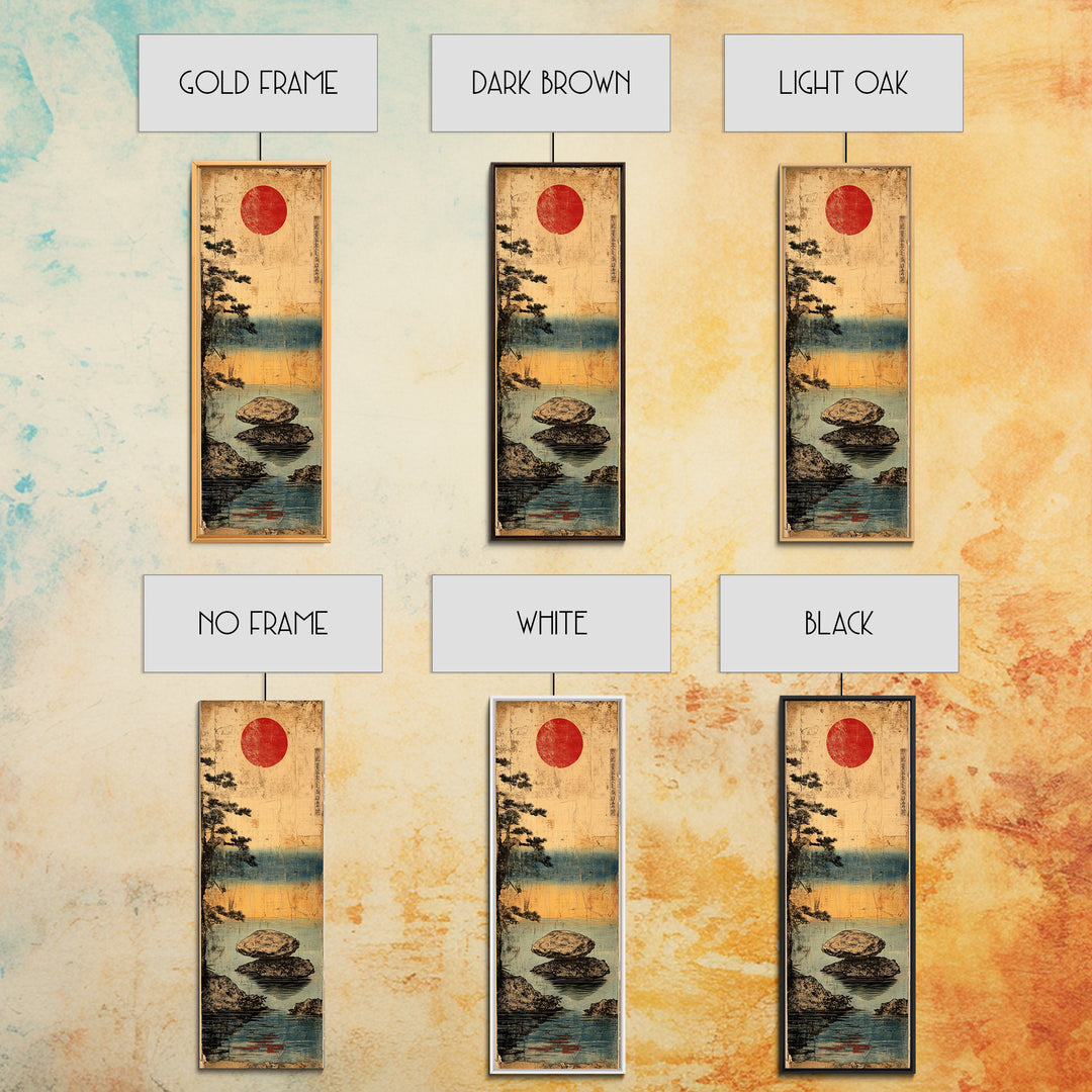 Misty Lake Rocks With Red Sun Wall Art, Japanese Landscape Print, Zen Coastal Decor, Japandi Living Room Wall Decor Gift