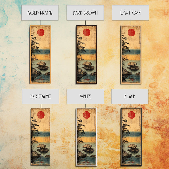 Misty Lake Rocks With Red Sun Wall Art, Japanese Landscape Print, Zen Coastal Decor, Japandi Living Room Wall Decor Gift