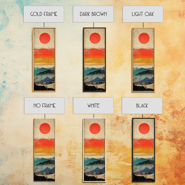 Red Sun Above Layered Blue Mountains Wall Art, Japanese Landscape Canvas Print, Mid Century Decor, Modern Living Room Art