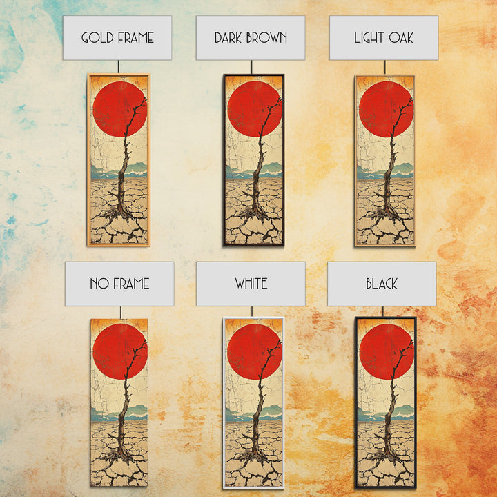 Red Sun Desert Tree Wall Art, Japanese Inspired Landscape Print, Rustic Wabi Sabi Decor, Long Narrow Canvas For Living Room
