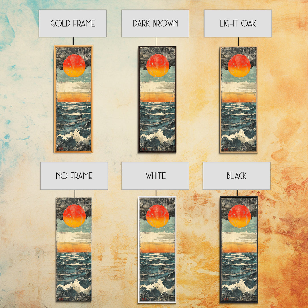 Abstract Ocean Sunset Wall Art, Red Sun Seascape Print, Coastal Wall Decor, Textured Wave Poster For Beach House Living Room