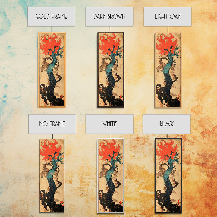 Teal Twisted Tree With Red Flame Clouds Framed Canvas Print, Japanese Abstract Wall Art, Moody Organic Modern Decor, Statement Art