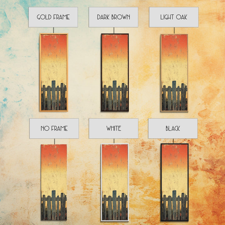 Weathered Fence Sunset Wall Art, Rustic Minimalist Landscape Print, Orange Sky Farmhouse Decor, Tall Vertical Canvas Print