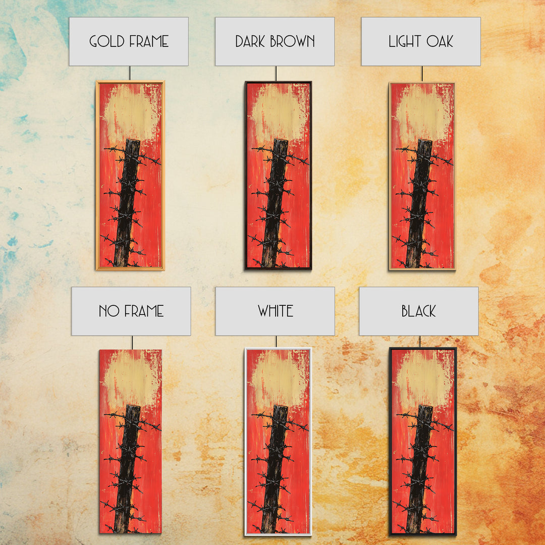 Barbed Wire Fence Post Wall Art, Rustic Western Print, Red Distressed Farmhouse Decor For Man Cave Or Modern Entryway Gift