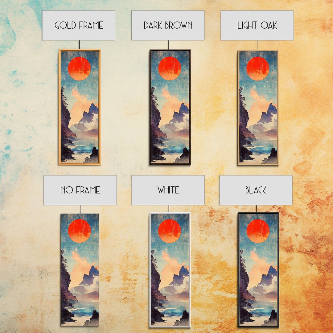 Red Sun Blue Mountain Seascape Wall Art, Japanese Landscape Print, Coastal Asian Decor, Tall Narrow Canvas For Living Room