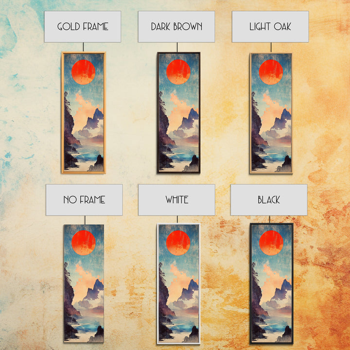 Red Sun Blue Mountain Seascape Wall Art, Japanese Landscape Print, Coastal Asian Decor, Tall Narrow Canvas For Living Room