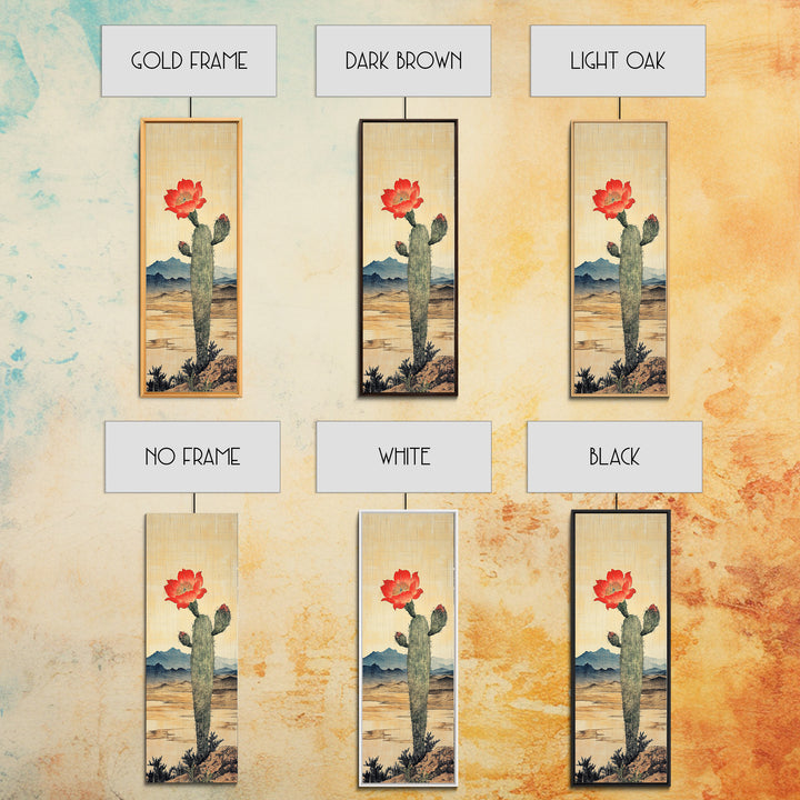 Blooming Cactus With Red Flower In Desert Landscape Framed Canvas Print, Southwestern Wall Art, Rustic Home Decor, Desert Decor