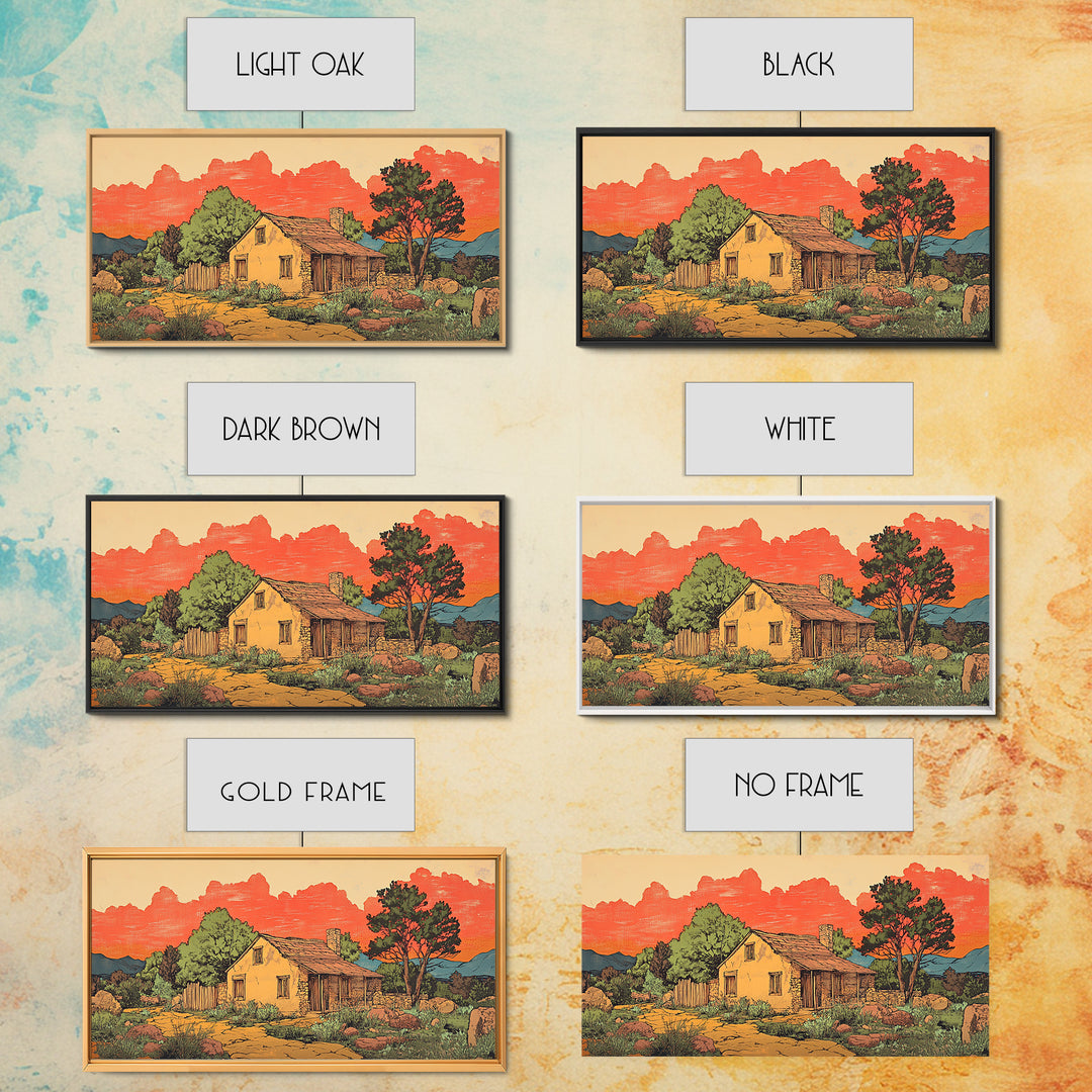 Adobe Desert Cabin At Red Sunset Wall Art, Rustic Southwestern Landscape Print, Western Home Decor, Large Canvas Wall Art