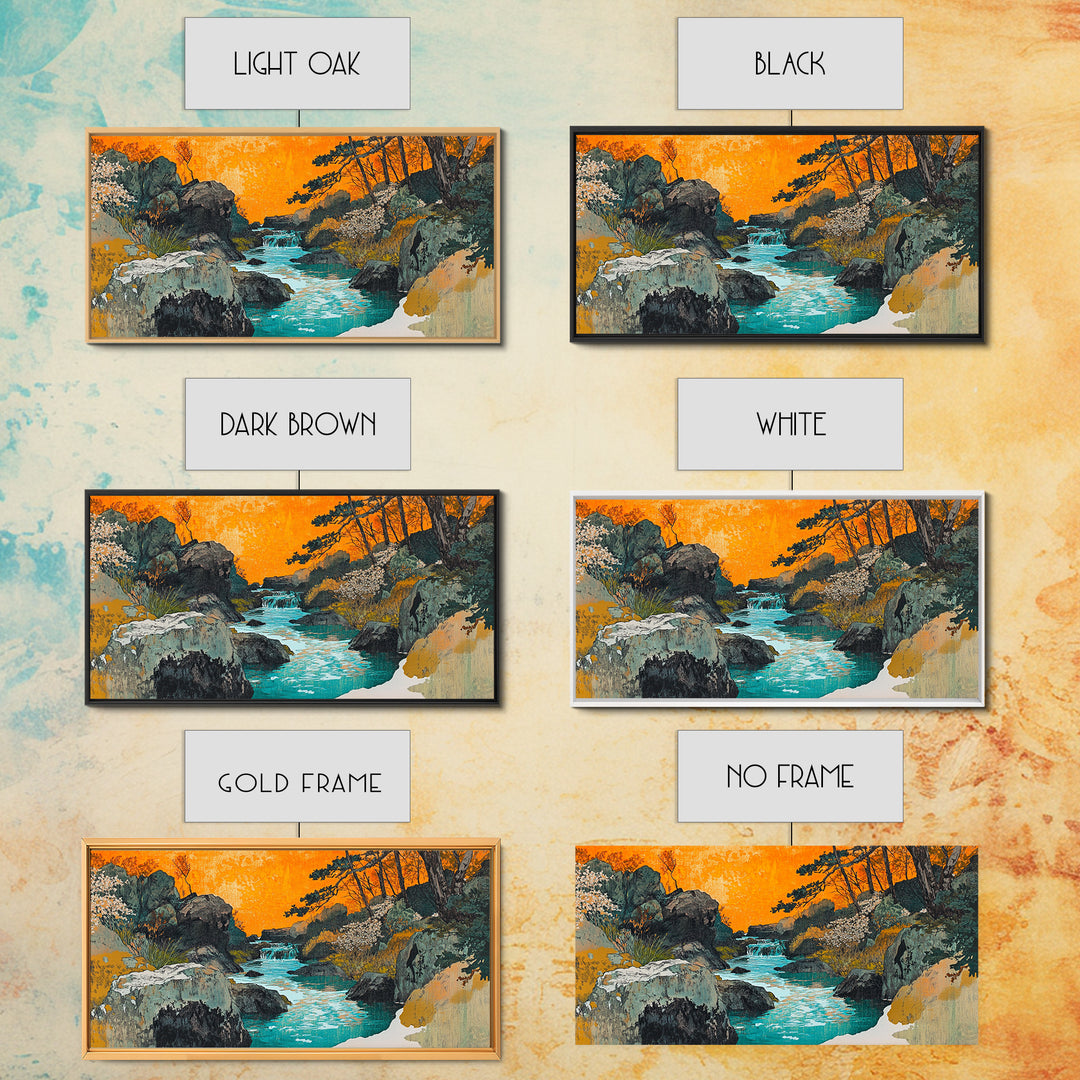 Turquoise River Through Rocky Forest Canyon Wall Art, Japanese Landscape Print, Orange Sunset Decor, Nature Canvas Art, Living Room Decor