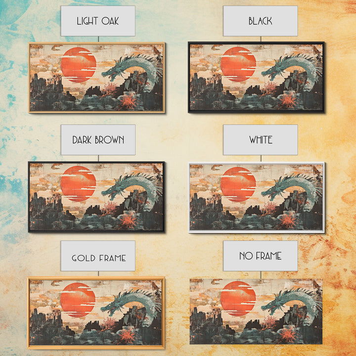 Teal Dragon Over Red Sun Mountains Framed Canvas Print, Asian Fantasy Wall Art, Japanese Decor, Dramatic Living Room Art