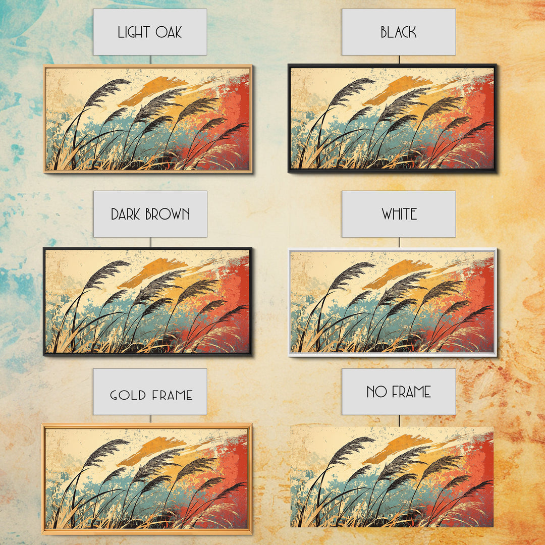 Windblown Reeds In Teal And Rust Wall Art, Japanese Inspired Abstract Landscape, Boho Living Room Decor, Large Canvas Print