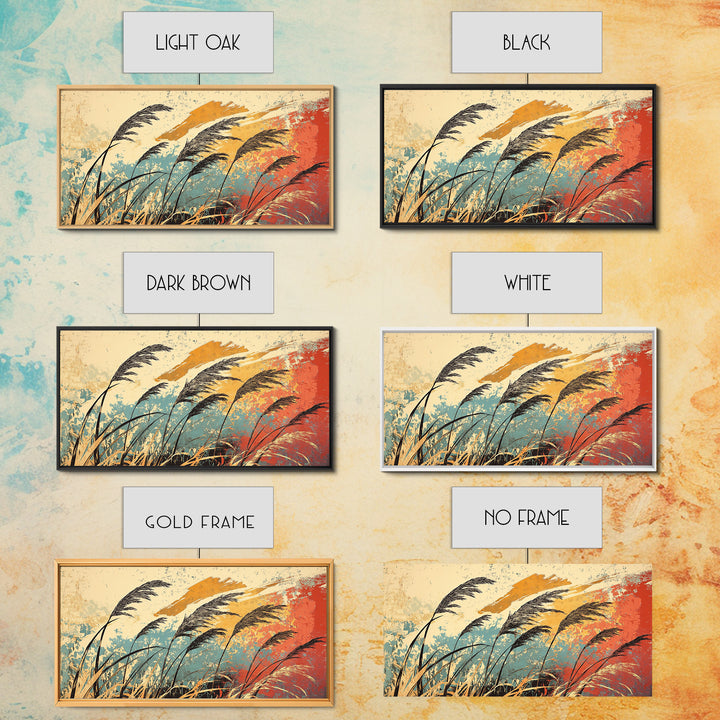 Windblown Reeds In Teal And Rust Wall Art, Japanese Inspired Abstract Landscape, Boho Living Room Decor, Large Canvas Print