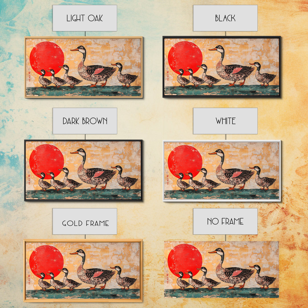 Mallard Duck Family With Red Sun Wall Art, Japanese Bird Art Print, Whimsical Animal Decor, Nursery Or Kitchen Canvas Print