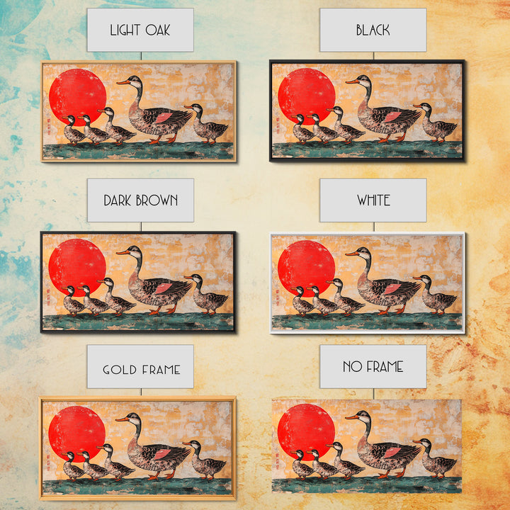 Mallard Duck Family With Red Sun Wall Art, Japanese Bird Art Print, Whimsical Animal Decor, Nursery Or Kitchen Canvas Print