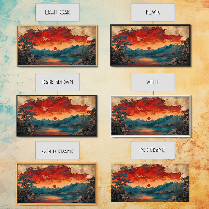 Red Sun Mountain Lake Wall Art, Japanese Landscape Print, Moody Sunset Canvas, Asian Inspired Living Room Home Decor