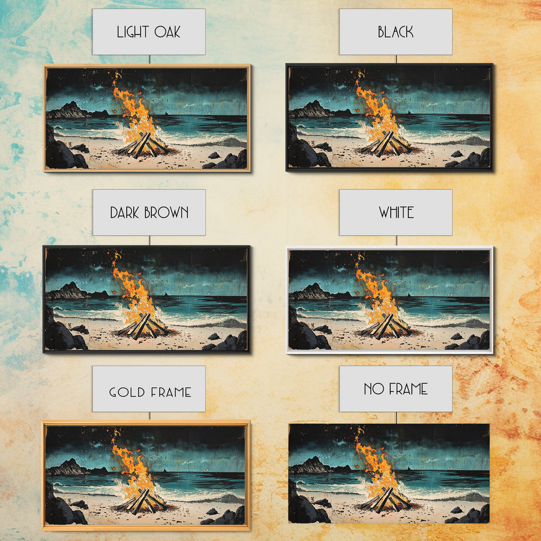 Beach Bonfire Wall Art, Coastal Campfire Canvas Print, Ocean Night Seascape, Rustic Cabin Decor, Man Cave Decor Home Decor Gift