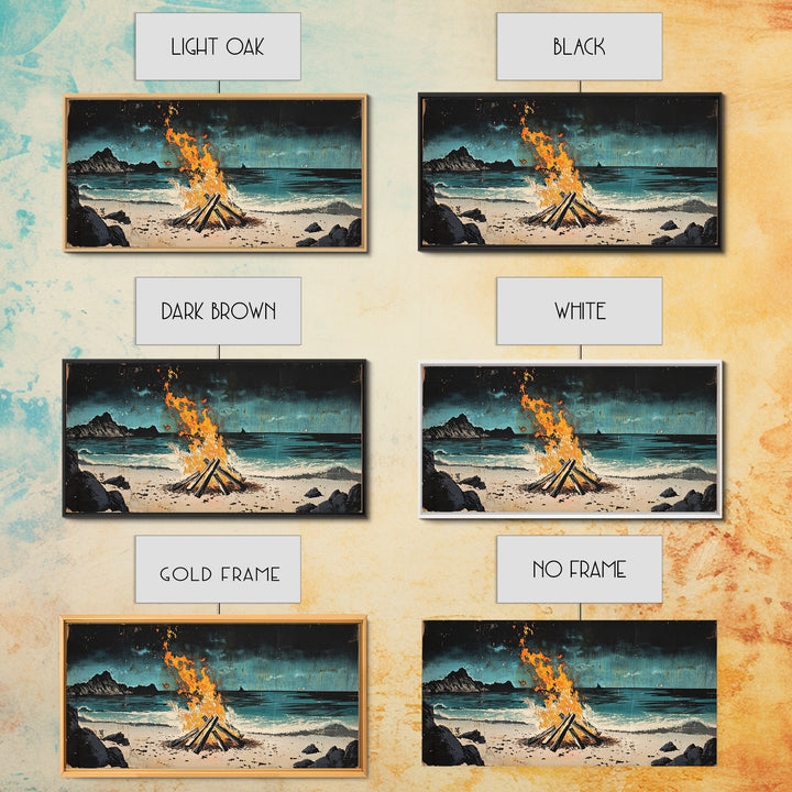 Beach Bonfire Wall Art, Coastal Campfire Canvas Print, Ocean Night Seascape, Rustic Cabin Decor, Man Cave Decor Home Decor Gift