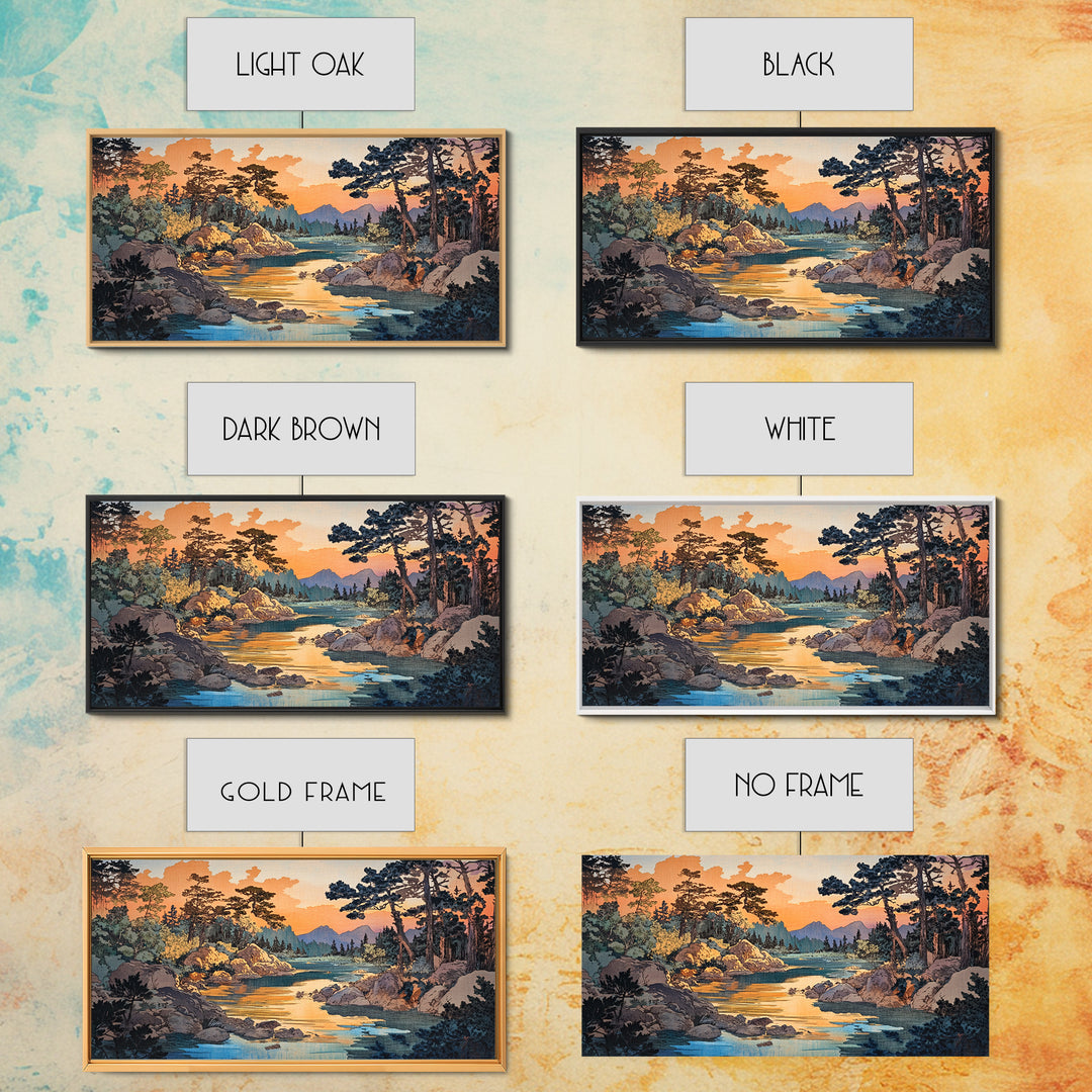Golden River Forest Wall Art, Japanese Landscape Print, Pine Woodland Canvas, Nature Inspired Living Room Home Decor Gift